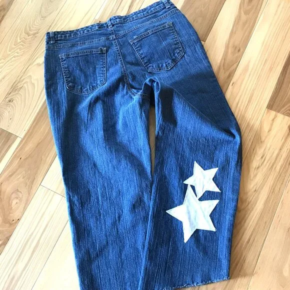Upcycled Patchwork Jeans, Cropped Denim Hippie Pants with White Stars Size 16 - Picture 11 of 13